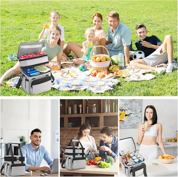 Insulated Lunch Bag & Lunch Box for Men - Double Deck Reusable Lunch Bag for Women Tote Cooler Bag Leakproof Soft Expandable - Large Lunchbox for Work/Adult/Picnic/Outdoor (Gray，15L)