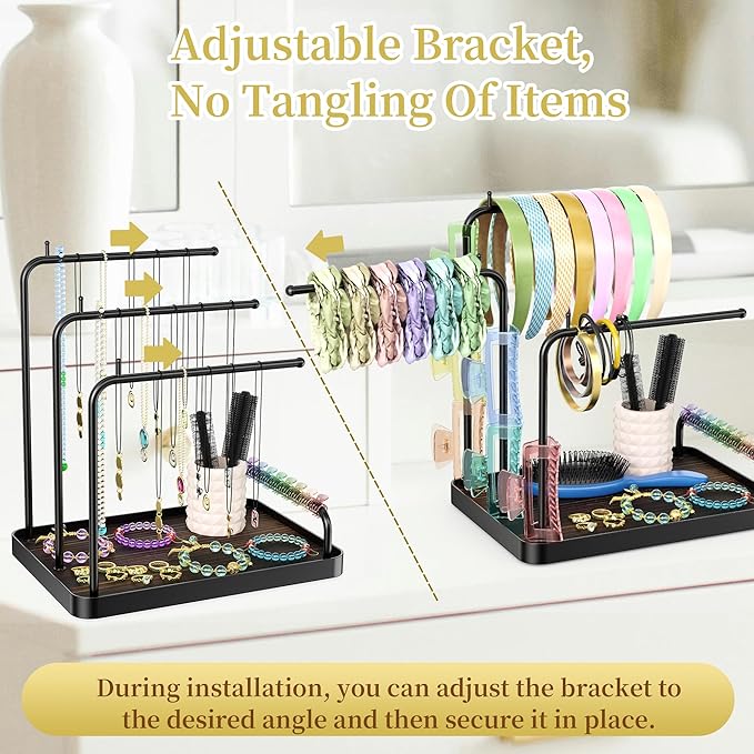 Headband Organizer, Adjustable Angle Hair Tie Holder, Metal Claw Clip Organizer, Hair Hoop Display Stand, Hair Ropes Bow Accessories Storage for Scrunchie Bracelet Bangles Necklace (Black)