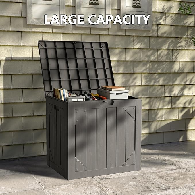 30 Gallon Outdoor Storage Box, Waterproof Resin Deck Box with Lockable Lid Large Storage Bin for Patio Furniture Cushion, Garden Tools, Pool Accessories, UV-Resistant Outside Delivery, Gray