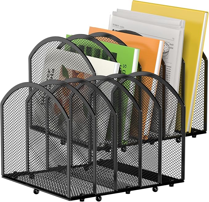 Desk File Organizer 5 Sections Desktop Organizer File Mail Sorter Office Organization File Folder Holder for Office School & Classroom (Black, 5 Section - 2Pack)