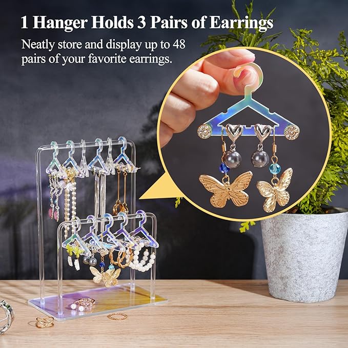 NiHome Acrylic Earring Holder with Unique Double-Tiered Design, Miniature Clothing Hangers with Spacious Storage for 48 Pairs, Mirror-Finish Display for Home Vanity & Retail Showrooms (Iridescent)