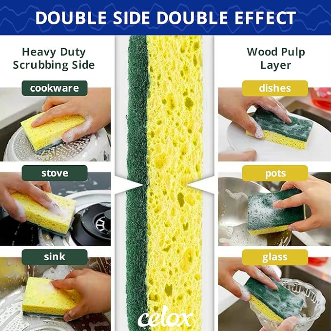 CELOX Sponges Kitchen Sponges for Dishes and Cleaning, 2-Sided Scrub Sponges Dish Sponge and Kitchen Sponge for Washing Dishes, Heavy Duty, Non-Scratch, Sinks, Household Use, Green and Yellow, 12-Pack