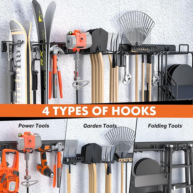 64'' Garage Tool Organizer Wall Mount, 620lbs Heavy Duty Metal Storage Rack | Adjustable Hooks Garden Tool Organization System | Anti-Rust Shed Rack for Hanging Shovel, Rake, Broom, Snowboard