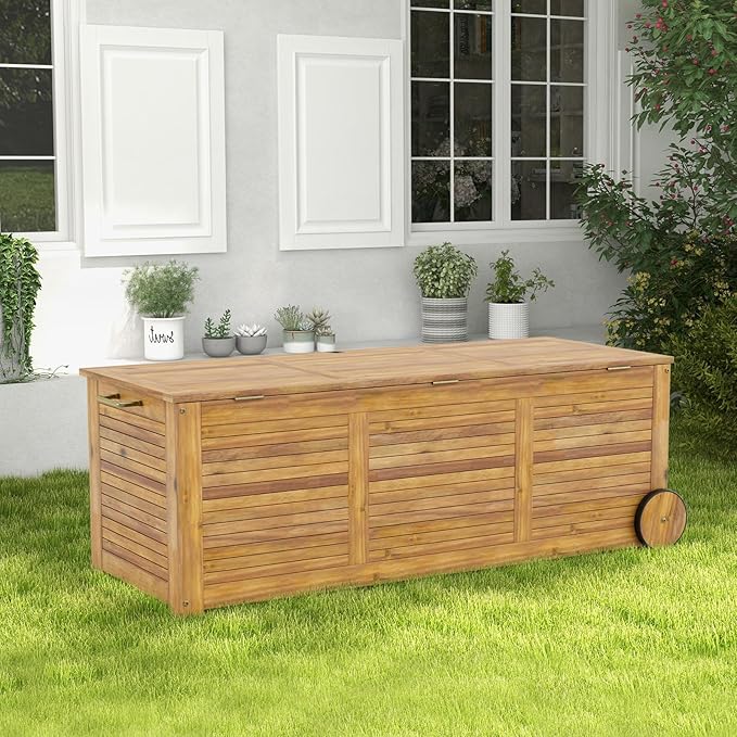 Tangkula 48 Gallon Outdoor Storage Box with Wheels and Waterproof Cover, Patio Wood Deck Box with Side Handle, for Poolside, Garden, Balcony, Yard and Outside