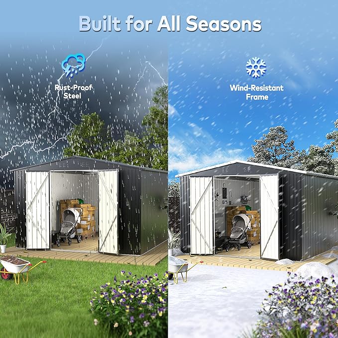 10 x 10 FT Outdoor Storage Shed, Metal Waterproof Storage Shed Steel Utility Garden Tool Shed with Door & Lock Outdoor Storage for Garden Patio Lawn Poolside Black