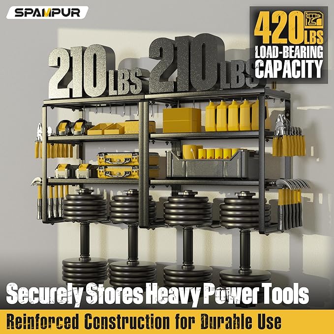 Power Tool Organizer Wall Mount, Heavy Duty 420LB with 8-Slot Drill Holder - All-in-One Garage Storage for Workshop, Christmas Gift for Men, Dad, DIYers, 15 Min Quick Assembly