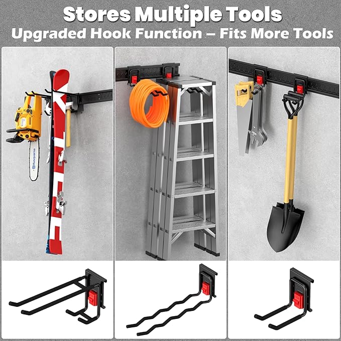 Garage Tool Organizer Wall Mount, Upgraded 48" Heavy Duty Garage Storage Tool Rack, Thickened Metal Wall System with 7 Adjustable Anti-Slip Hooks, 550 lbs Load Capacity, Reinforced Locking, For Garden