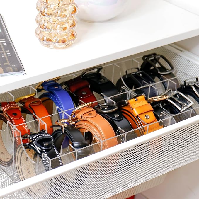 Acrylic Belt Organizer - 14 Compartment Clear Display Case for Closet and Drawer