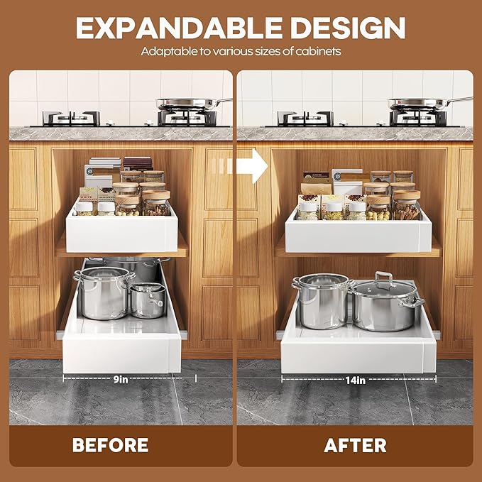 2 Pack Expandable Pull Out Cabinet Organizer 21" Deep with Raising Pad for Framed Cabinets,Upgrade 3 Slide Rails Slide Out Drawers,Roll Out Shelves Adhesive,Adjustable Width 9"-14.1" White