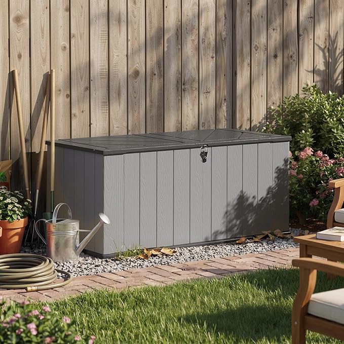 Aoxun 157 Gallon Outdoor Deck Box, Large Resin Storage Box with Lid, Waterproof & UV-Resistant Patio Storage for Cushions, Garden Tools, and Pool Accessories (Grey)