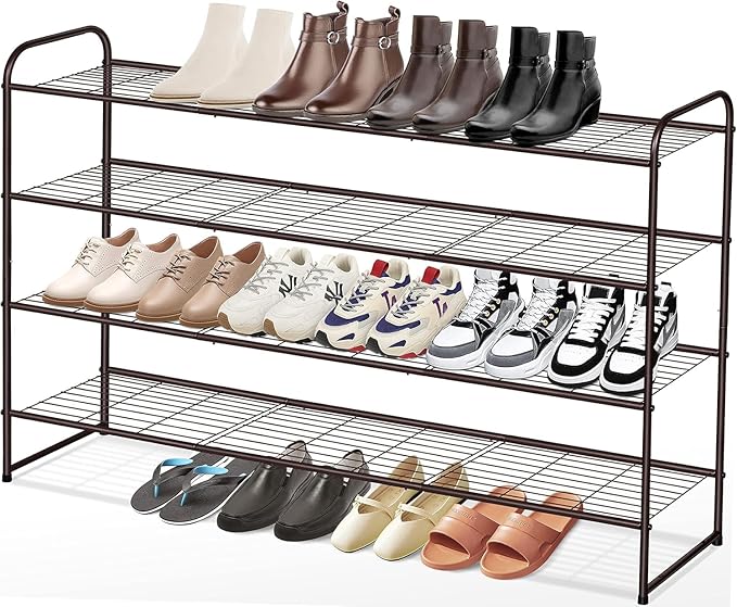 KEETDY 4-Tier Long Shoe Rack for Closet Metal Shoe Organizer for Entryway, Wide Stackable Shoe Storage Shelf with Sturdy Wire Grid for Closet Floor, Bedroom, Bronze