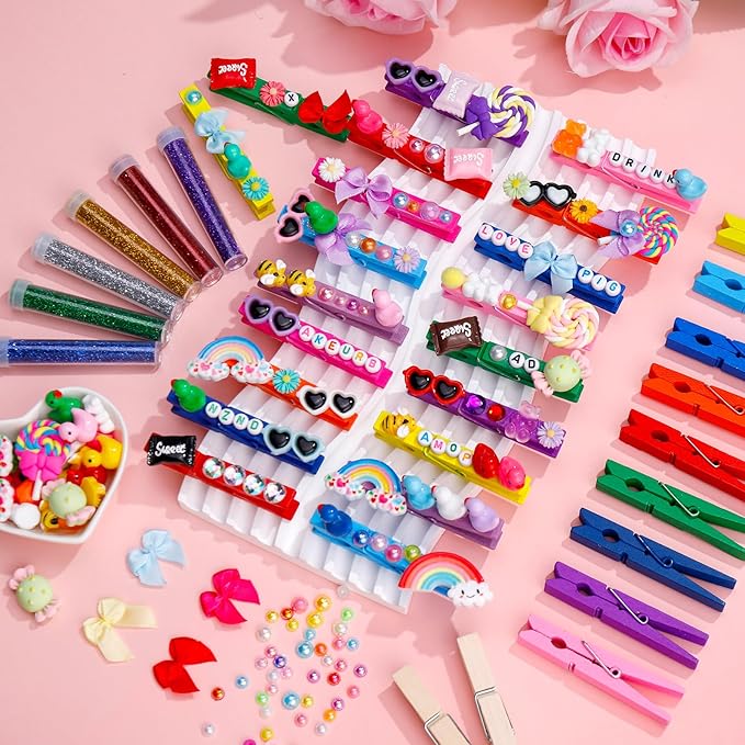 80 Set Cheer Pins Spirit Clips Clothes Wooden Pins for Backpacks Include 90 Mini Resin Animals 30 Mini Bows 500 Beads Cheer Clothespins Decorations Ribbon Team Classroom Cheer Gifts Bulk（White）