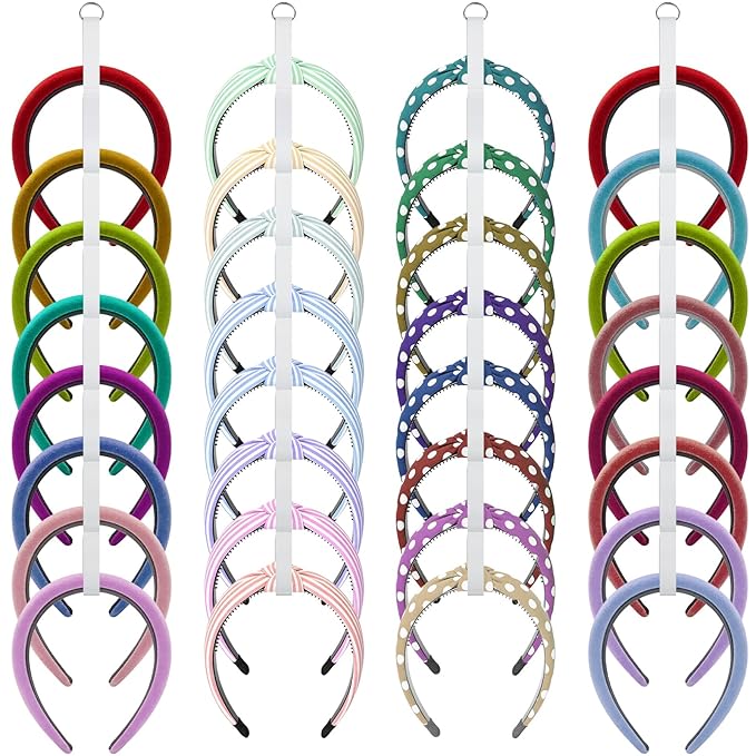 4 Pcs Headband Holder Organizer, White Hanging Wall Mounted Hairband Accessories, Hair Hoop Storage Display with 32 Total Rings for Women Girls, Bedroom Dorm Closet Decor