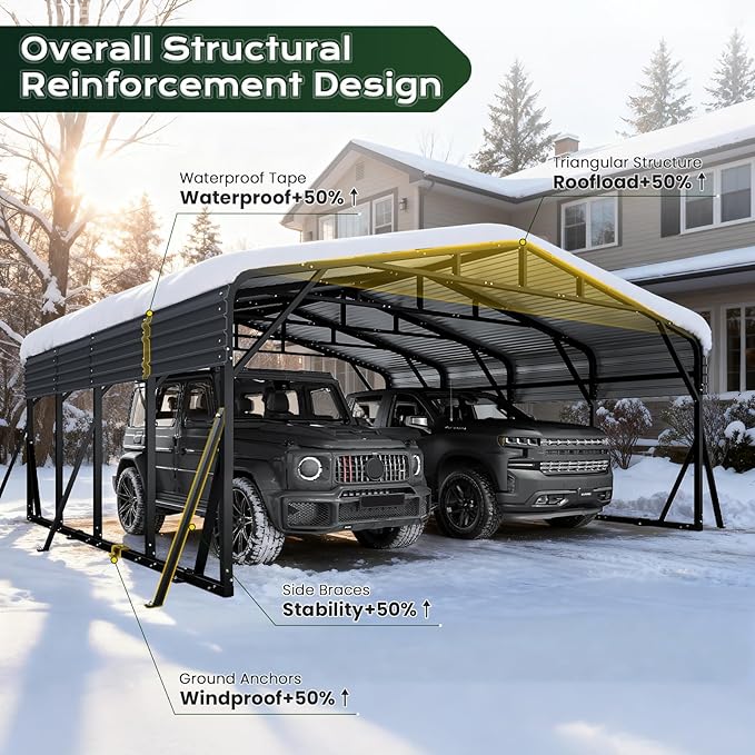 20x20FT Heavy Duty Metal Carport, Outdoor Portable Car Garage w/Reinforced Support Rods & Windproof Ground Anchors, All-Season Versatile Outdoor Shelter for 2 Car, Boats, Truck