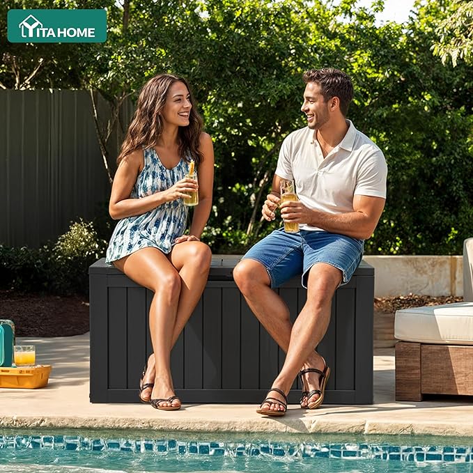 YITAHOME 72 Gallon Outdoor Storage Box w/Wheels, Resin Deck Box Indoor & Outdoor Patio Storage Box for Throw Pillows, Athletic Gear(Black)