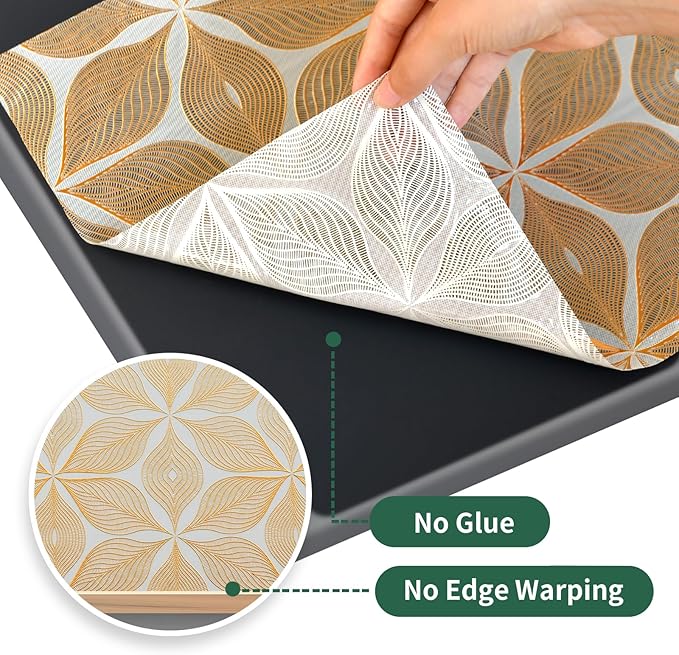 Drawer and Shelf Liner for Kitchen Cabinet: 23.6 in X 20 Ft Waterproof Shelf Paper Non Adhesive Refrigerator Liners Golden Leaf Easy Liners for Bathroom with Knife Tape Measure