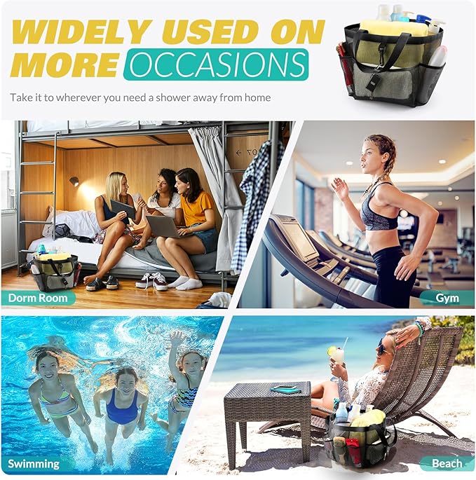 Mesh Shower Caddy Portable for College Dorm Room Essentials with 8 Pockets, Shower Bag for Beach, Swimming, Gym, Travel, Bathroom(Black)