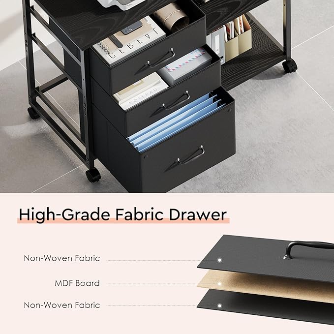 3 Drawer File Cabinet with Wheels Rolling Printer Stand with Open Storage Shelf Fabric Lateral Filing Cabinet for Home Office,Black