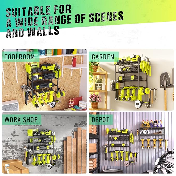 Power Tool Organizer, 4 Drill Holder Wall Mount, Garage Tool Organizer and Storage with Screwdriver Holder, Garage Organization, 4 Layer Cordless Drill Holder with Hammer Holder