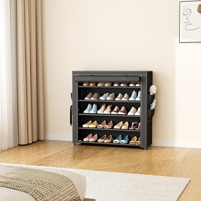 Shoe Rack with Covers 5 Tier Tall Shoe Rack Organizer Large Capacity Shoe Shelf Storage 20-24 Pairs Space Saving Free Standing Shoe Storage Organizer for Closet, Entryway, Dorm, Black