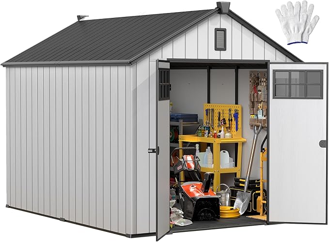 DWVO 8x10 FT Outdoor Storage Shed with Vision Grid Door Panel, 544 cuft Plastic Storage Shed with Floor & Vent, 16mm Heavy Duty Tool Garden Shed for Patio Supplies, Lawn Mower, Bikes, Dark Gray
