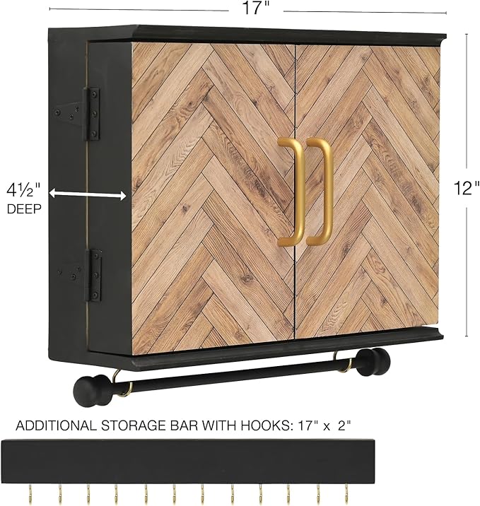 Wall Mounted Jewelry Organizer with Herringbone Wood Pattern. Jewelry holder for Necklaces, Earings, Bracelets, Ring Holder, and Accessories. Includes hooks for hanging jewelry - Black & Brown
