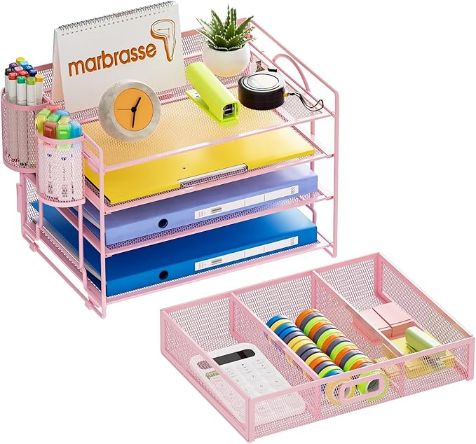 Marbrasse Desk Organizer and Accessories4-Tier Paper File Letter Tray Accessories & Workspace Desk Organizers with Drawer and 2 Pen Holders for School Home Office Supplies(Pink)-2P