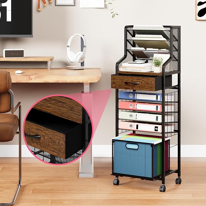 SWTYMIKI 10-Tier Rolling File Cart - Mesh Paper Organizer with Drawer & Hanging File Folders on Lockable Wheels, Rolling File Cabinet for Office Organization, Storage in Home, Studio, School, Espresso
