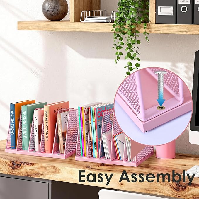 AUPSEN 5-Section Wooden Desktop File Organizer, File Sorter Storage Rack, Vertical File Holder for Office Supplies, Pink