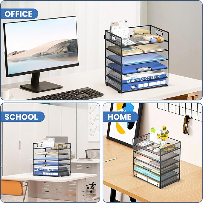 Daltack 6 Tier Paper Organizer for Desk, Paper Letter Tray Organizer for Desks, Mesh Desk File Organizers with Handle for Office, Home, School, Black, 2 Pack