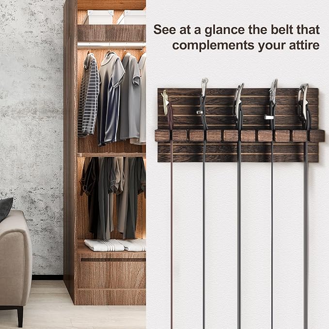 Belt Organizer for Closet, Belt Hanger Wall Mounts to Hold 9 Belts Without Slipping, Space Saving Belt Rack for Closet Organization Includes Mounting Hardware (11.8” x 5.5” x 2.5”) (Brown)