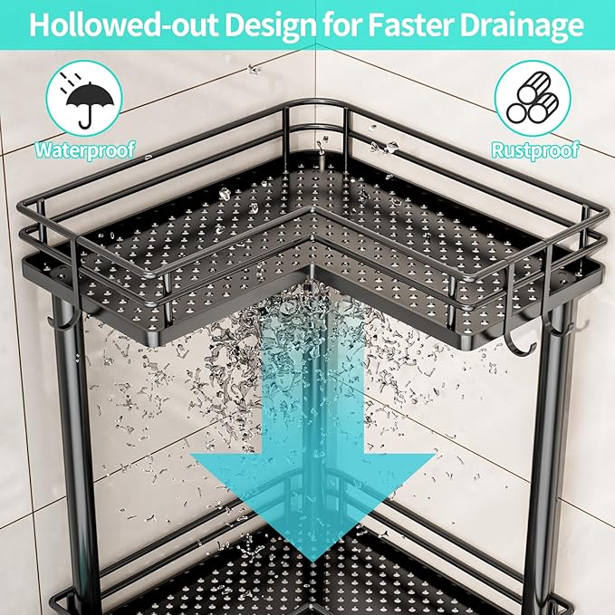 HapiRm Corner Shower Caddy Organizer - 4 Tier Shower Shelf Corner with Soap Holder, Rustproof Bathroom Standing Organizer with 4 Hooks, Black
