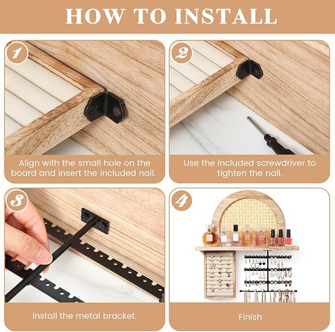 Hanging Jewelry Organizer Wall Mounted with Rustic Wood Rattan Shelf Wooden Ring Display Box Large Boho Jewelry Holder for Necklaces Bracelet Earrings Rings Storage