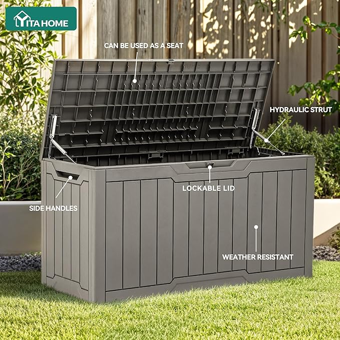YITAHOME 80 Gallon Resin Deck Box, Waterproof Outdoor Storage Box, Lockable Indoor Outdoor Storage Bench for Supplies and Essentials, Taupe
