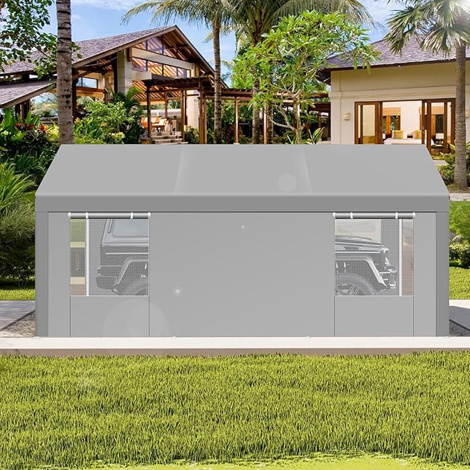 COBIZI Carport 10x20FT Heavy Duty Portable Garage, 3.0 Powder Coated Frame(Better Than Galvanized), Waterproof Shelter with Removable Sidewalls & Windows, Built-in Sandbags, for Car/Boat/SUV, Gray