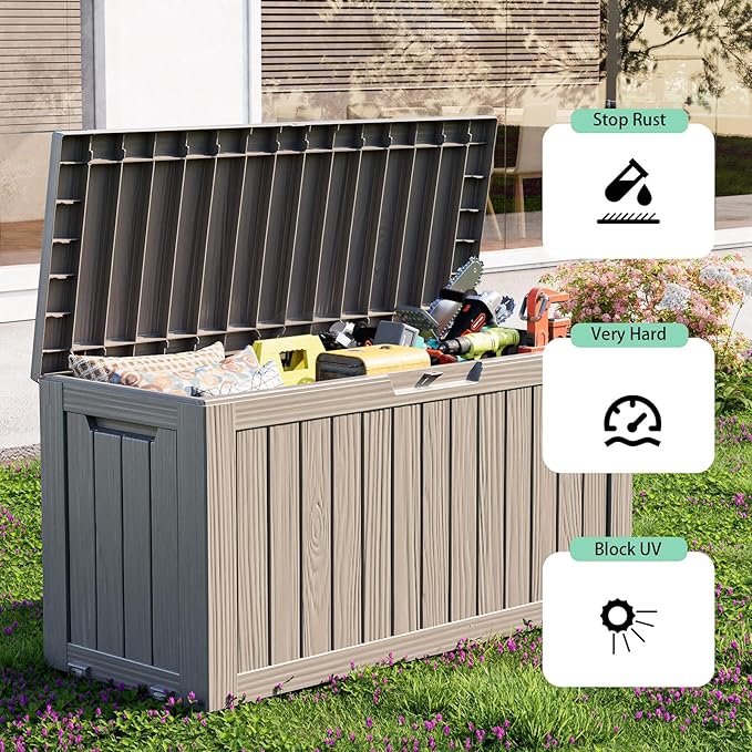 76 Gallon Outdoor Deck Box, Lockable Waterproof Outdoor Storage Boxes For Garden Tools,Indoor Cushions,Accessories Outside Storage Resin Weatherproof Container(Grey)