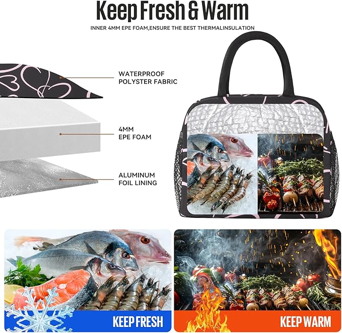 Lunch Bag Women/Men Lunch Box Women/Men (black+pink heart)