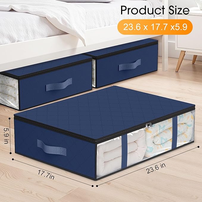 StorageRight Under Bed Storage Bins, 8-Pack 40L Foldable Fabric Storage Bags with Transparent Window, Breathable Organizer for Clothes/Blanket/Comforter/Quilt, Blue