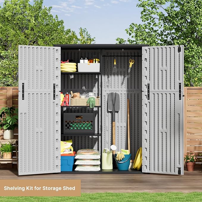 KINYING Outdoor Vertical Storage Shed,57 Cu.ft Outdoor Storage Cabinet Waterproof,Resin Sheds & Outdoor Storage Clearance for Garden,Patio,Backyard,Lockable (Grey)