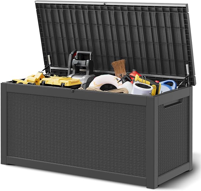 Outdoor Storage Box, Resin Deck Boxes Indoor and outdoor, Waterproof Storage Box Lockable Lid (Black,320 Gallon)