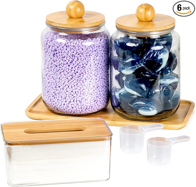 Glass Laundry Jars with Airtight Lids - Kitchen & Laundry Room Organization Containers with Dryer Sheet Holder,Bamboo Tray - Laundry Detergent Powder Half Gallon Storage Canisters with Labels