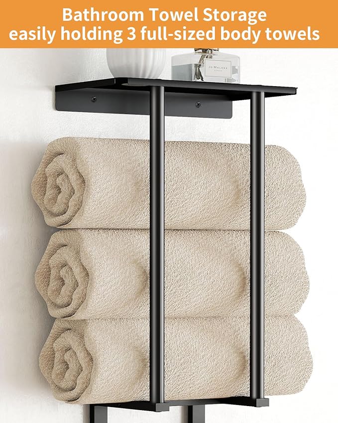 Towel Racks for Bathroom, Bathroom Towel Rack Wall Mounted with 2 Tiers Rolled Towel Holder, Towel Storage can Holds 3 Large Rolled Towels, Black