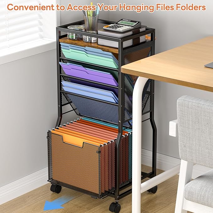 8 Tier Rolling File Cart with Hanging File Folder Organizer, Mobile File Organizer with 2 Sides Access Bookcase, Beside/Under Desk Cart with Wheels for Office Home School