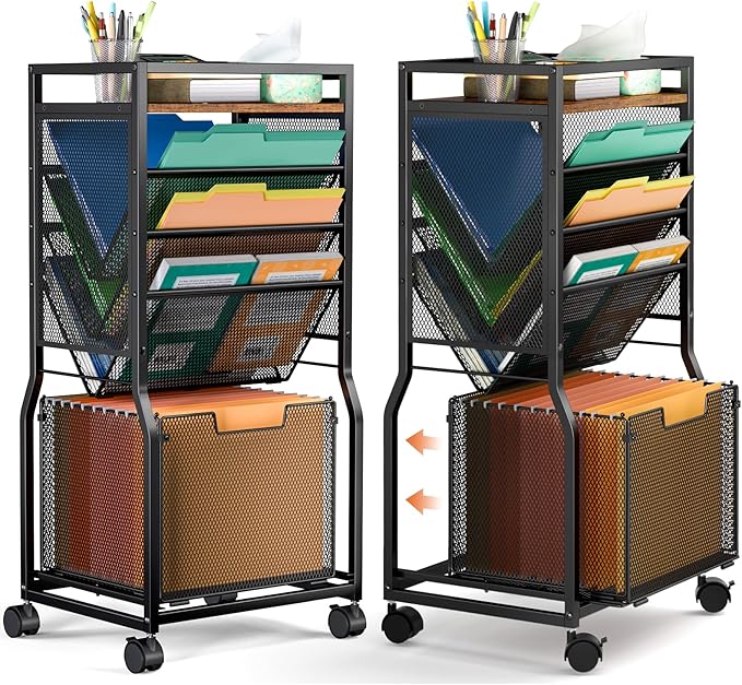 8 Tier Rolling File Cart with Hanging File Folder Organizer, Mobile File Organizer with 2 Sides Access Bookcase, Beside/Under Desk Cart with Wheels for Office Home School