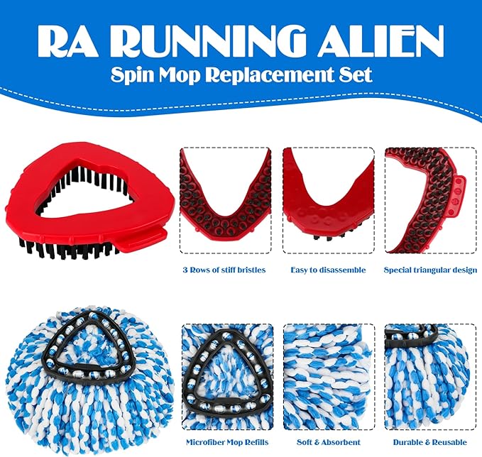 Spin Mop Replacement Set for O-Ceda RinseClean 2-Tank System, 16 Microfiber Spin Mops Refills,1 Scrubber Head,1 Triangle Spin Base,and(31-63in) Adjustable Handle Set Combo