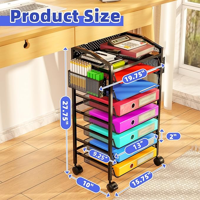 Simple Trending 8 Tier Small Rolling File Cart, Metal Desk File Organizer with Sliding Trays and Two Pen Holders, Metal Mesh Paper Letter Storage Multi Functional Rolling Clutter Cart, Black