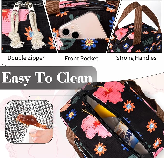 Large Lunch Box for Women, Cute Lunch Box Cooler Bag, Portable Insulated LunchBox Reusable Corduroy Lunch Tote for Work/Travel/Picnic (Flower)