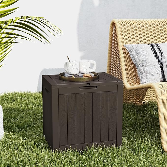 DUMOS 31 Gallon Deck Box, Lockable Outside Storage Box for Outdoor Use, Outside Waterproof Resin Package Delivery Box for Backyard Patio Garden, Brown