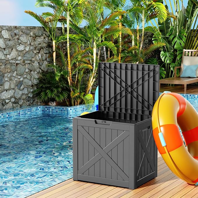 32 Gallon Outdoor Deck Box, Lockable Waterproof Outdoor Storage Boxes For Garden Tools,Indoor Cushions,Accessories Outside Storage Resin Weatherproof Container(Black)