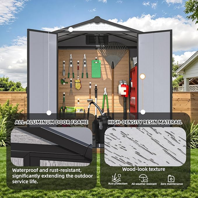 MELLCOM 6x4 FT Resin Outdoor Storage Shed with Floor, Outdoor Storage Tool Shed with Windows and Lockable Door, Resin Garden Shed for Bike, Garbage Can, Lawnmower